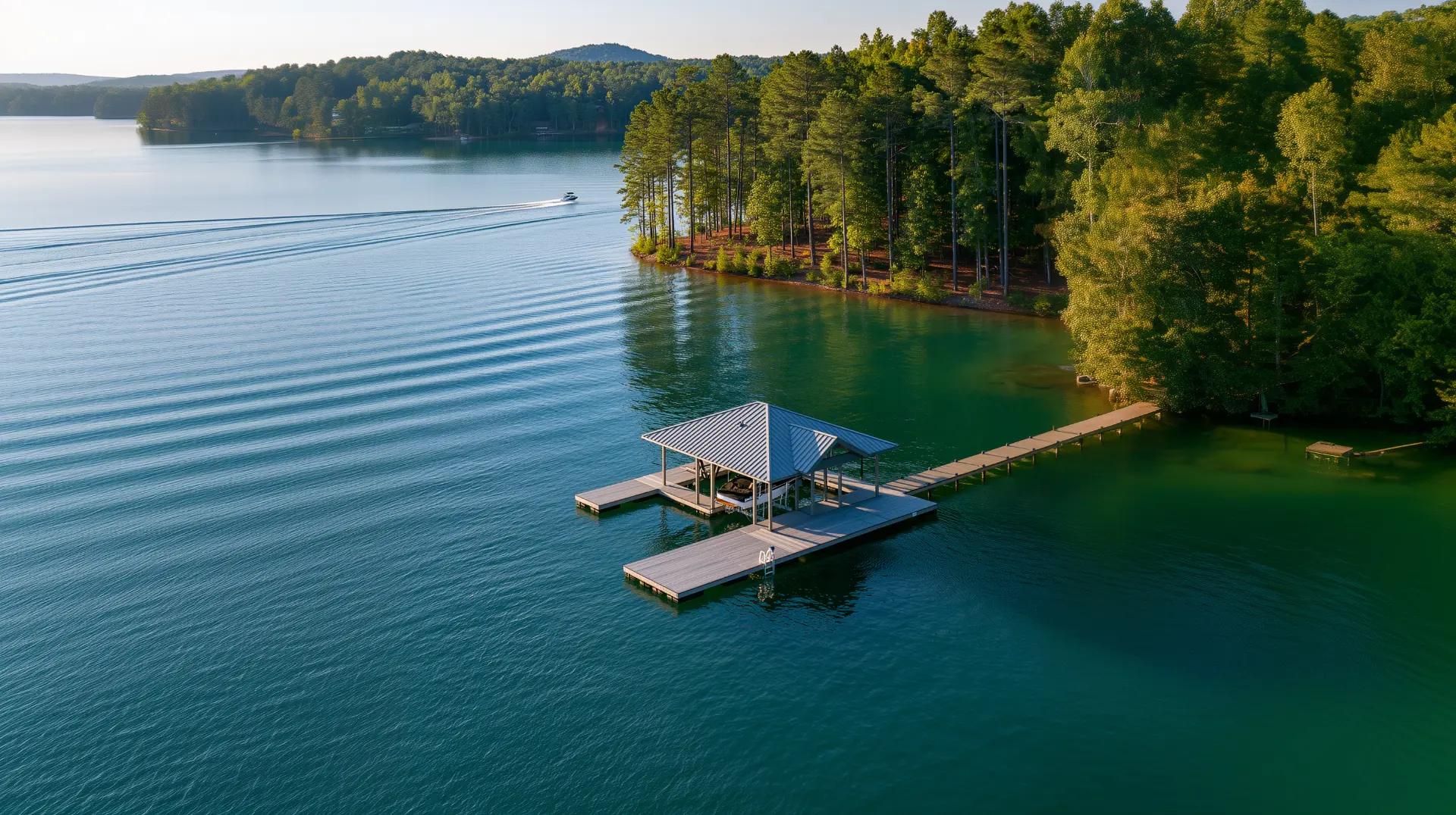 Aerial view of a covered boat dock with composite decking on Lake Hamilton, surrounded by pine-lined shoreline